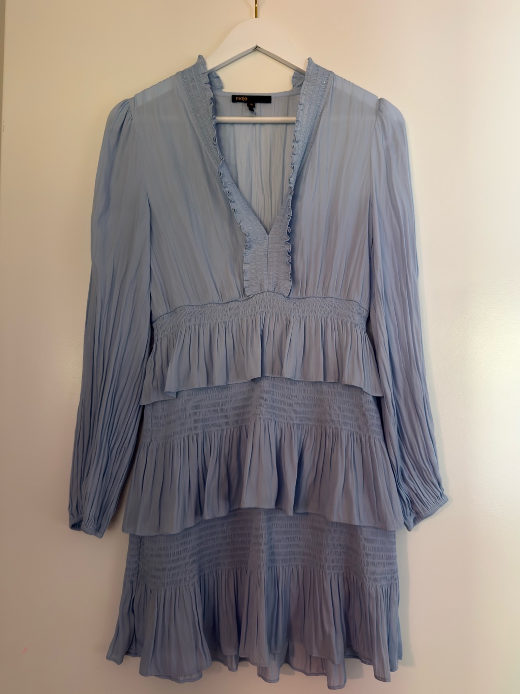 Maje Powder Blue Long Sleeve Tiered V-Neck Dress